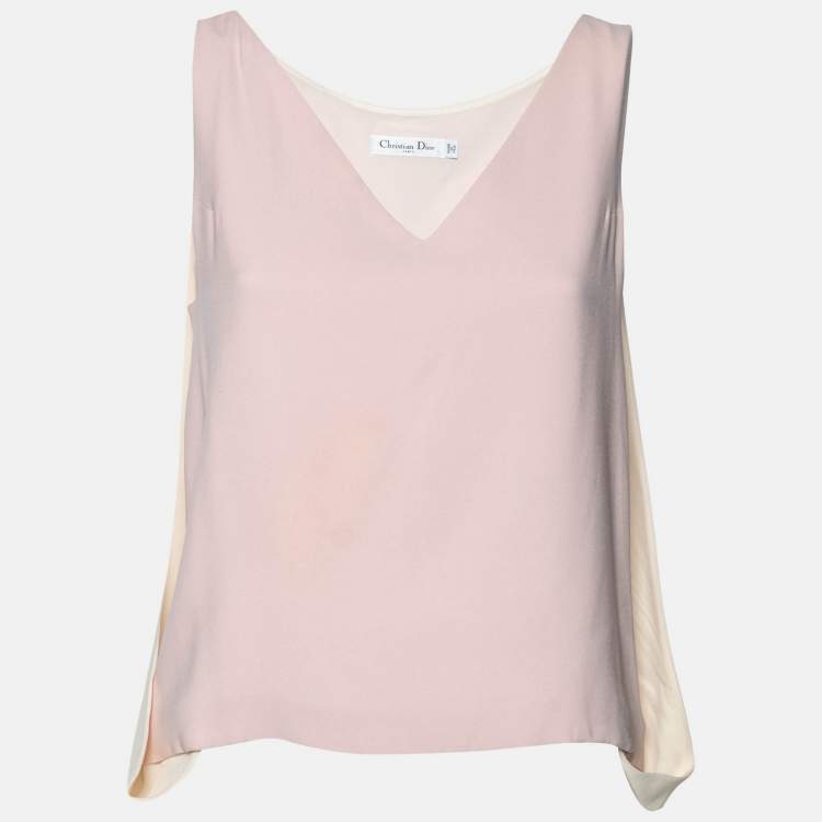 مملوكة مسبقًا Dior Pink & Cream Silk Crepe Overlay Draped Sleeveless Top M