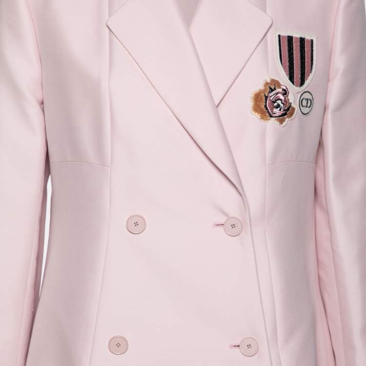 Pre Owned Dior Pink Cotton Applique Detail Double Breasted Coat L