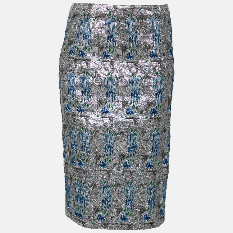 Pre Owned Dior Silver & Blue Patterned Brocade Knee Length Skirt M