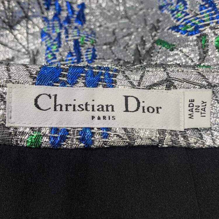 Pre Owned Dior Silver & Blue Patterned Brocade Knee Length Skirt M