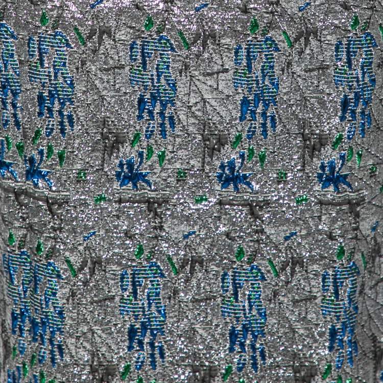 Pre Owned Dior Silver & Blue Patterned Brocade Knee Length Skirt M