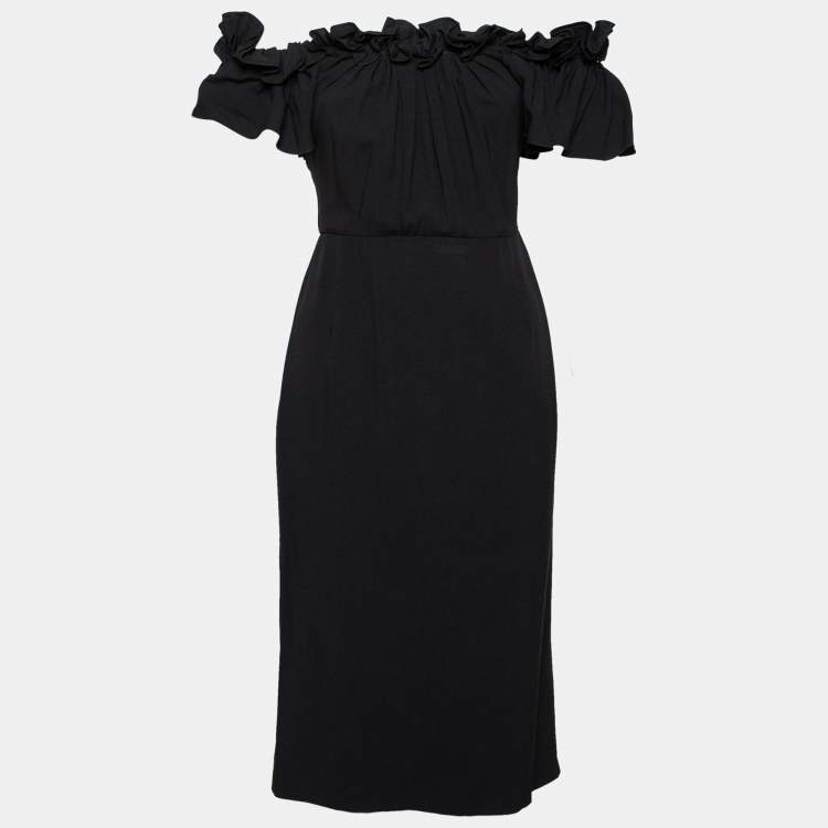 Pre Owned Dior Black Crepe Ruffled Midi Dress M