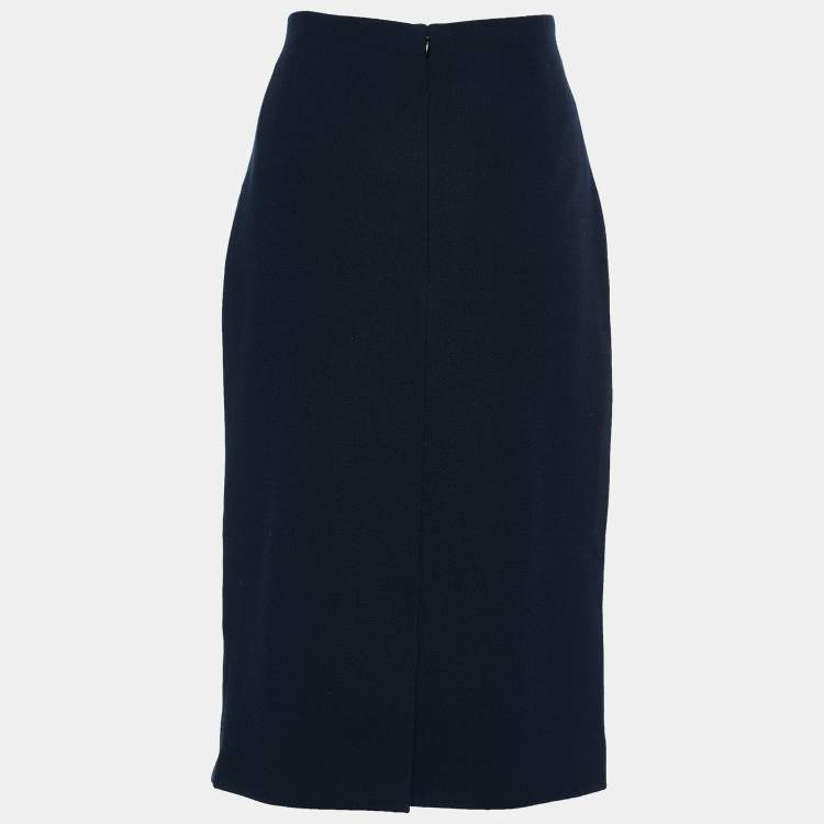 Pre Owned Dior Midnight Blue Textured Wool High Waist Pencil Skirt L