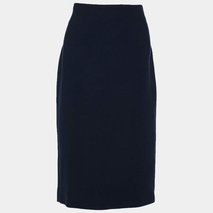 Pre Owned Dior Midnight Blue Textured Wool High Waist Pencil Skirt L
