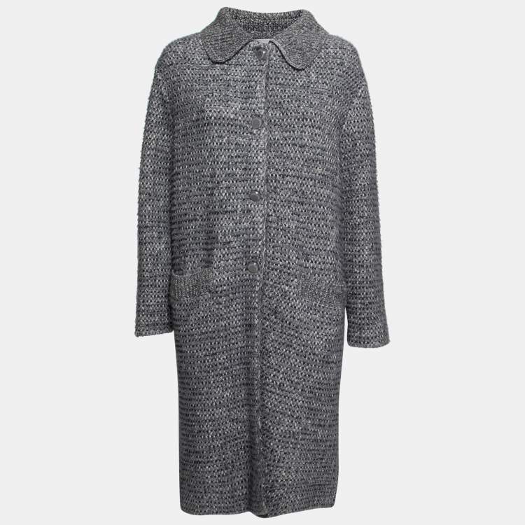 Pre Owned Christian Black and Grey Knit Long Sleeve Button Front Long Cardigan M