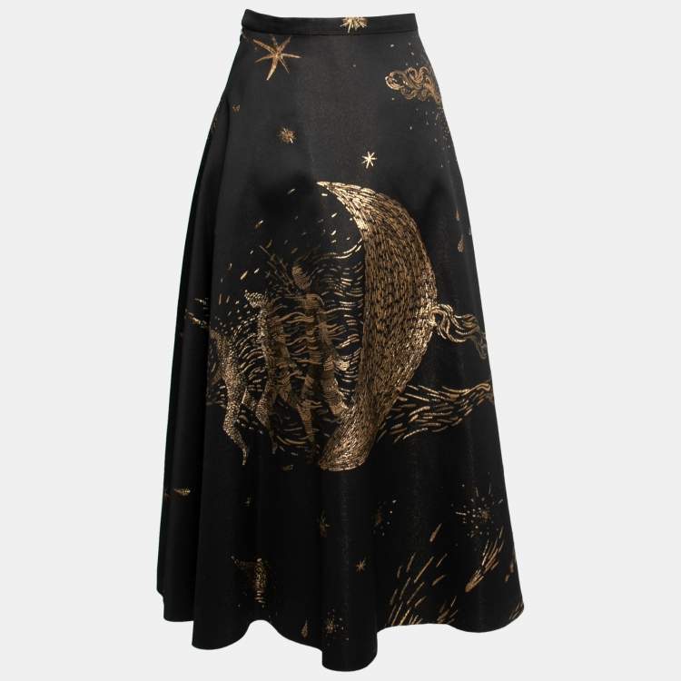 Pre Owned Dior Black & Gold Embossed Flared Midi Skirt M