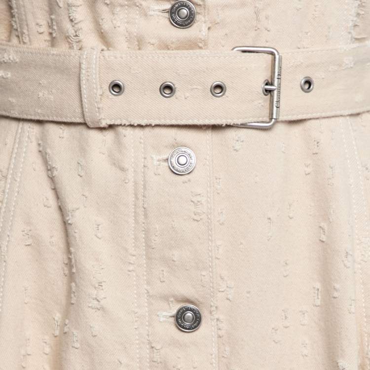 Pre Owned Dior Light Beige Distressed Denim Belted Dungarees M