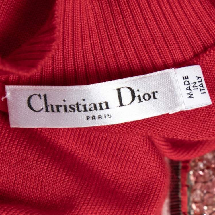 Pre Owned Dior Red Wool & Cashmere Fine Knit Crest Embellished Jumper M