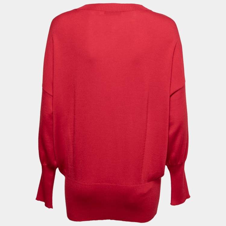 Pre Owned Dior Red Wool & Cashmere Fine Knit Crest Embellished Jumper M