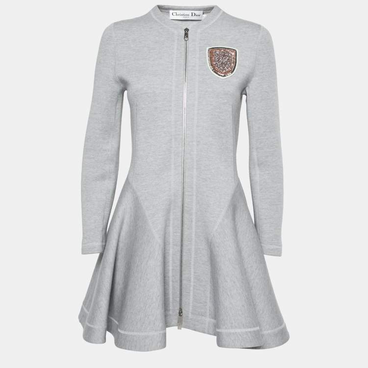 Pre Owned Dior Grey Wool Crest Embellished Zip Front Flared Dress M