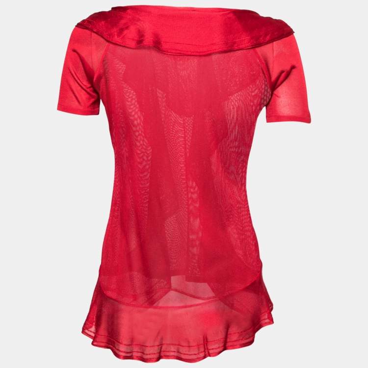Pre Owned Dior Red Knit Ruffle Trimmed Short Sleeve Top M