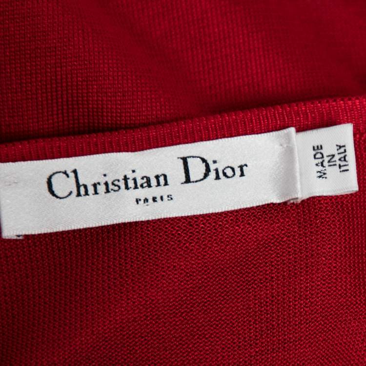 Pre Owned Dior Red Knit Ruffle Trimmed Short Sleeve Top M