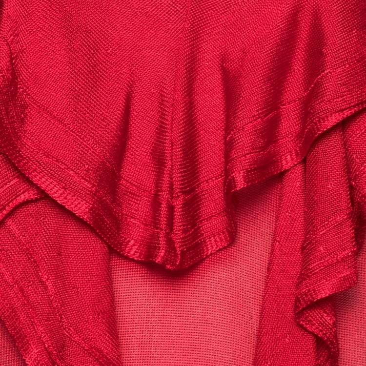 Pre Owned Dior Red Knit Ruffle Trimmed Short Sleeve Top M