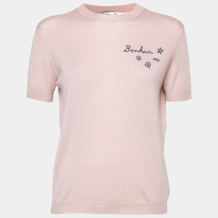 مملوكة مسبقًا Dior Nude Pink Cashmere Knit Embroidered Detail Short Sleeve Top M