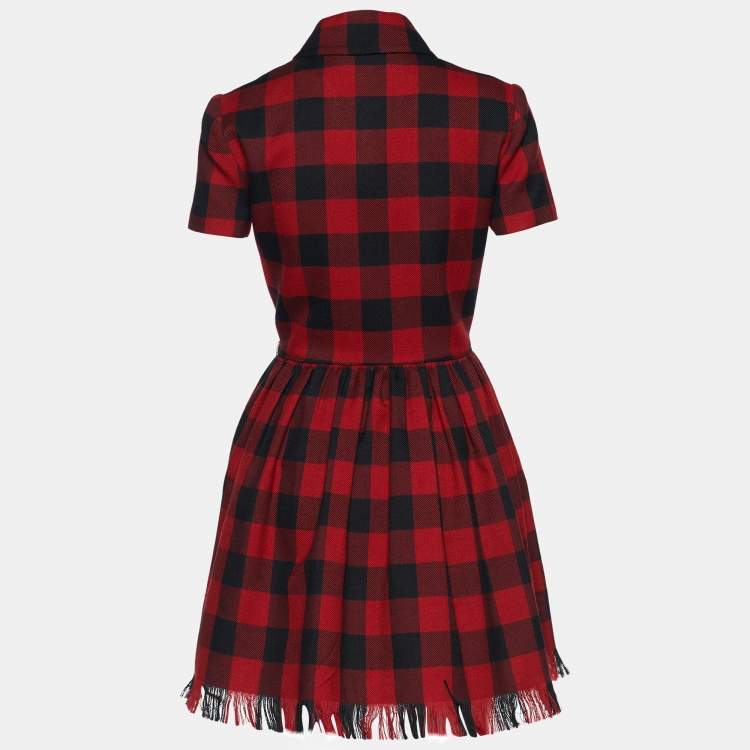 Pre Owned Dior Red & Black Checked Wool Frayed Hem Dress S