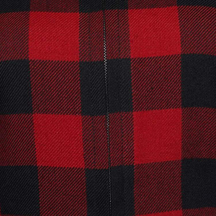 Pre Owned Dior Red & Black Checked Wool Frayed Hem Dress S