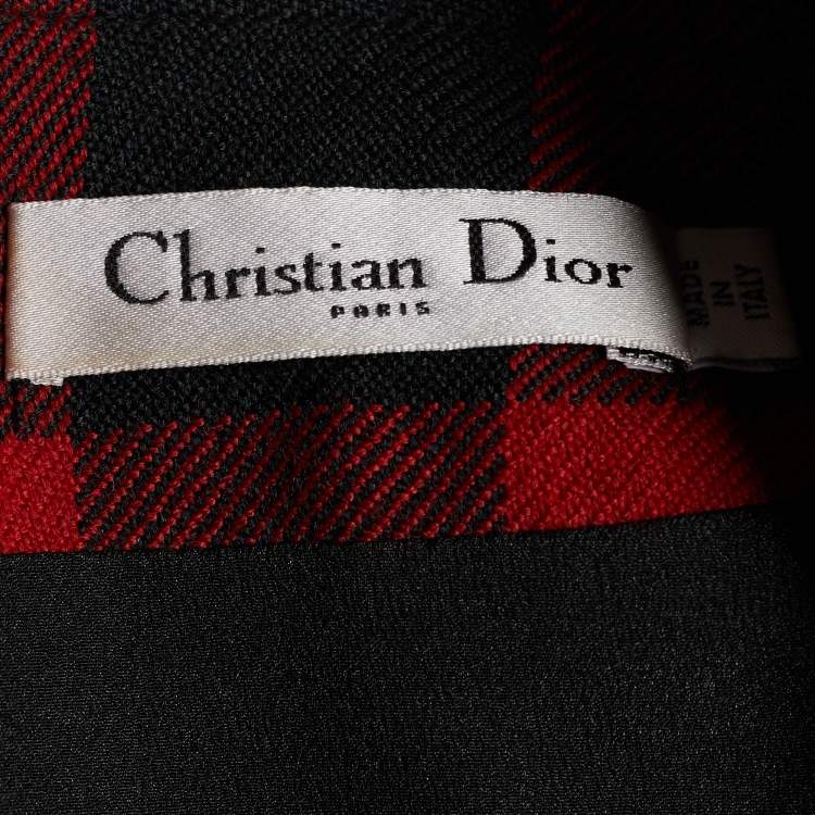 Pre Owned Dior Red & Black Checked Wool Frayed Hem Dress S