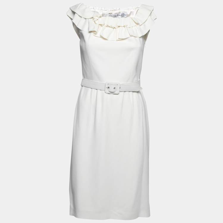 Pre Owned Dior White Crepe Ruffled Off Shoulder Midi Dress M 