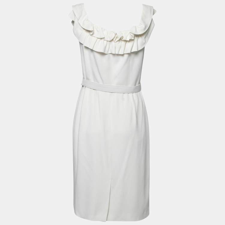 Pre Owned Dior White Crepe Ruffled Off Shoulder Midi Dress M 