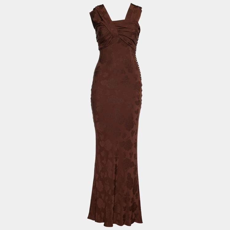 Pre Owned Dior Brown Floral Print Silk Button Detail Dress M