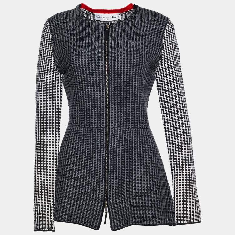 Pre Owned Dior Black/ White Wool Zip Front Cardigan M