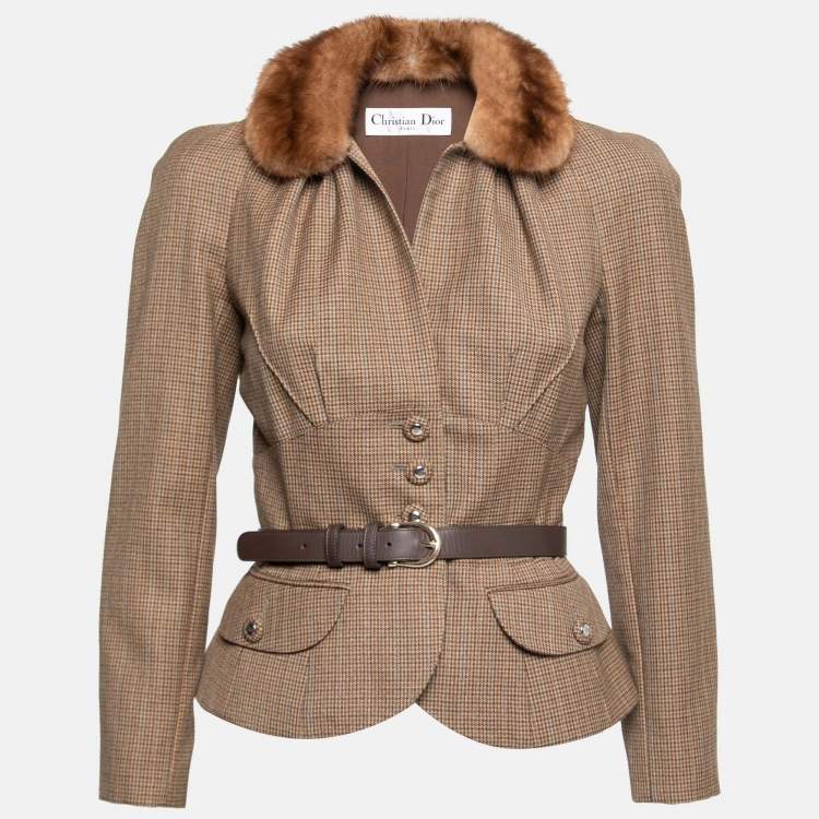 Pre Owned Dior Brown Houndstooth Wool Fur Trim Belted Jacket S