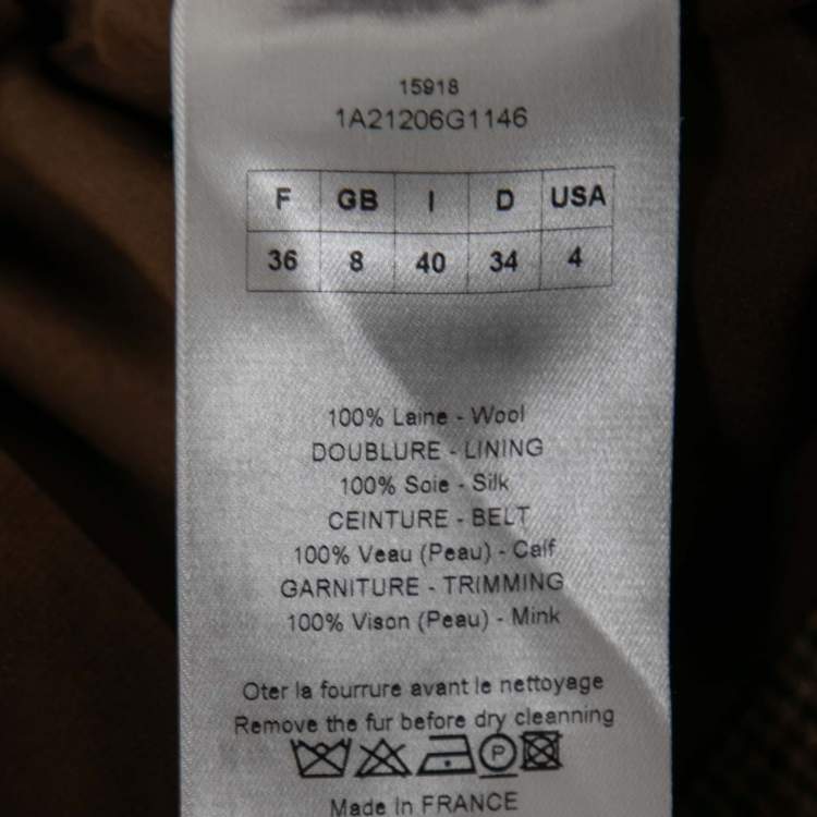 Pre Owned Dior Brown Houndstooth Wool Fur Trim Belted Jacket S