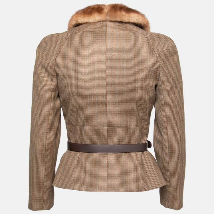Pre Owned Dior Brown Houndstooth Wool Fur Trim Belted Jacket S
