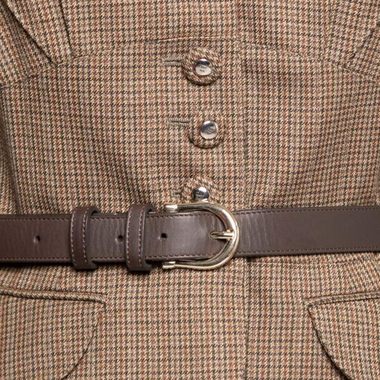 Pre Owned Dior Brown Houndstooth Wool Fur Trim Belted Jacket S