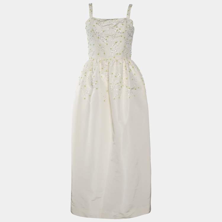 Pre Owned Dior Cream Silk Embellished Sleeveless Dress M