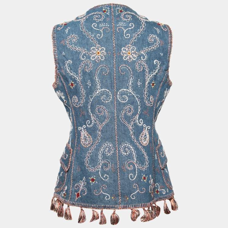 Pre Owned Dior Blue Hand Embroidered Denim Tassel Trimmed Vest M
