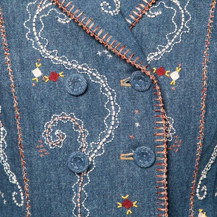 Pre Owned Dior Blue Hand Embroidered Denim Double Breasted Jacket M