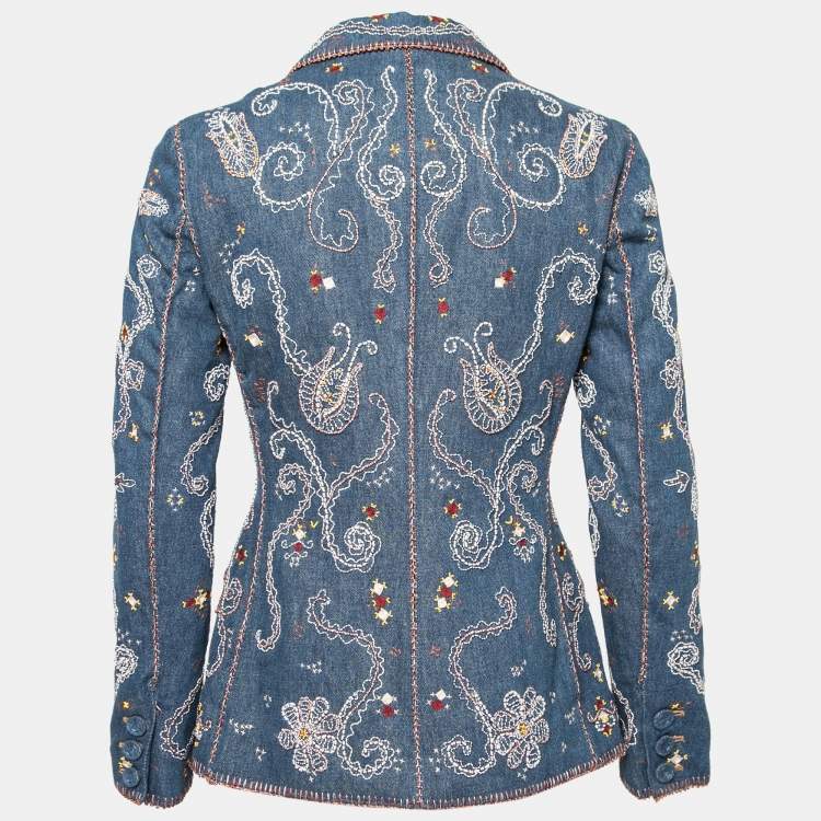 Pre Owned Dior Blue Hand Embroidered Denim Double Breasted Jacket M