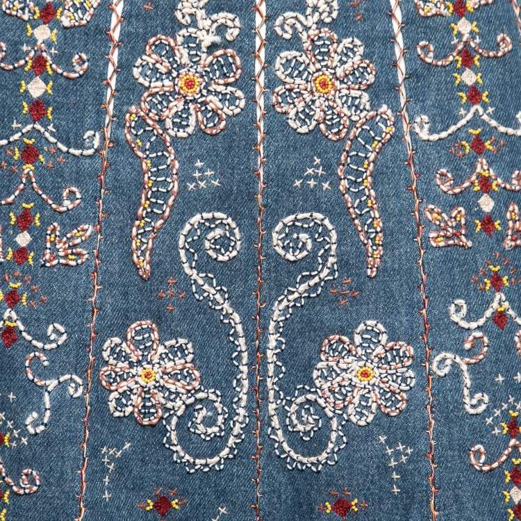 Pre Owned Dior Blue Hand Embroidered Denim Tassel Trimmed Skirt S