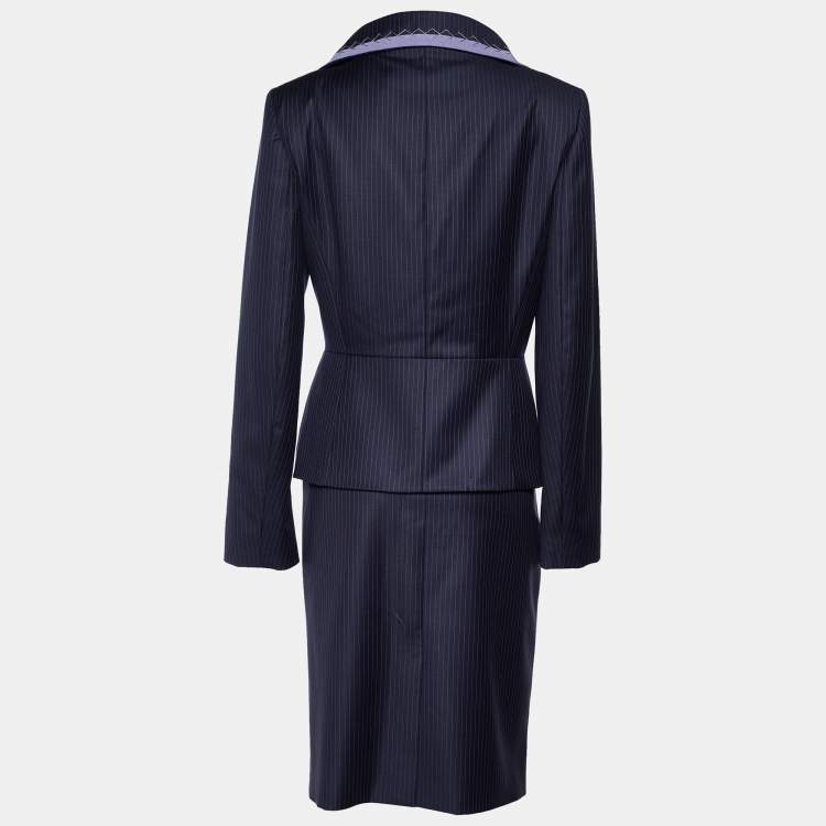 Pre Owned Dior Navy Blue Pinstripe Wool Skirt Suit L