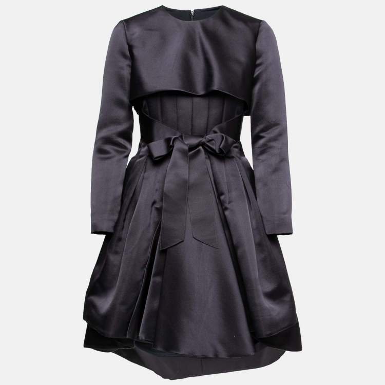 مملوكة مسبقًا Dior Navy Blue Silk Bow Waist Pleated Crop Jacket Dress S 