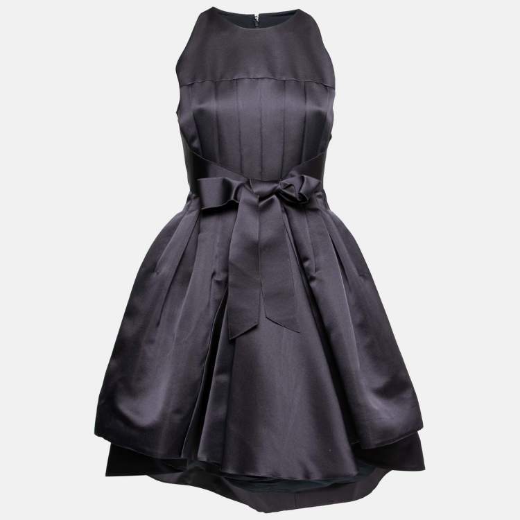 مملوكة مسبقًا Dior Navy Blue Silk Bow Waist Pleated Crop Jacket Dress S 