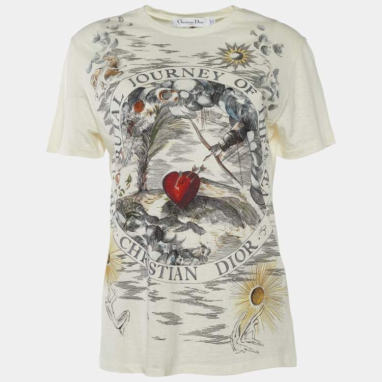 Pre Owned Dior Cream Heart Print Cotton Linen T-Shirt M