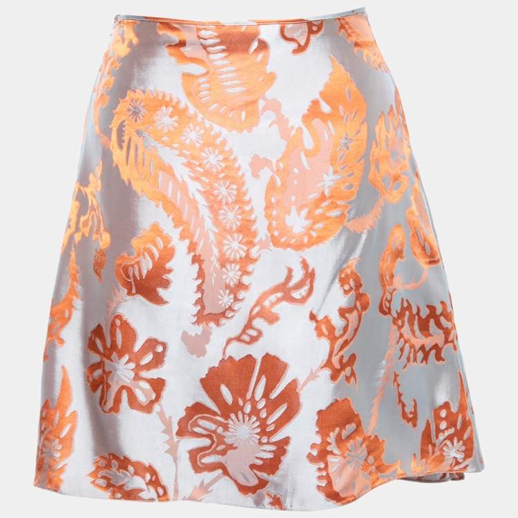 Pre Owned Dior Grey/Orange Floral Silk Skirt M