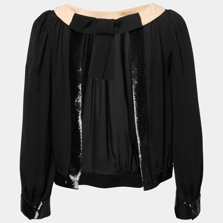 Pre Owned Dior Black Silk Sequin Embellished  Bow Detail Open Back Top M