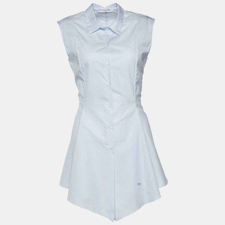 Pre Owned Dior Blue Pinstripe Print Cotton Sleeveless Flared Shirt M
