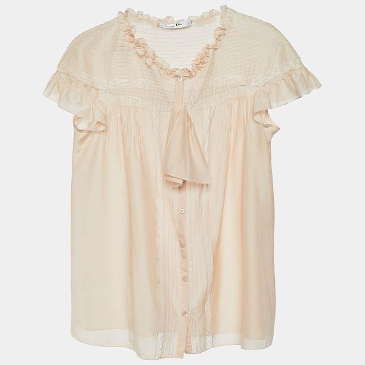 مملوكة مسبقًا Dior Pale Pink Silk & Lace Ruffled Detail Blouse M