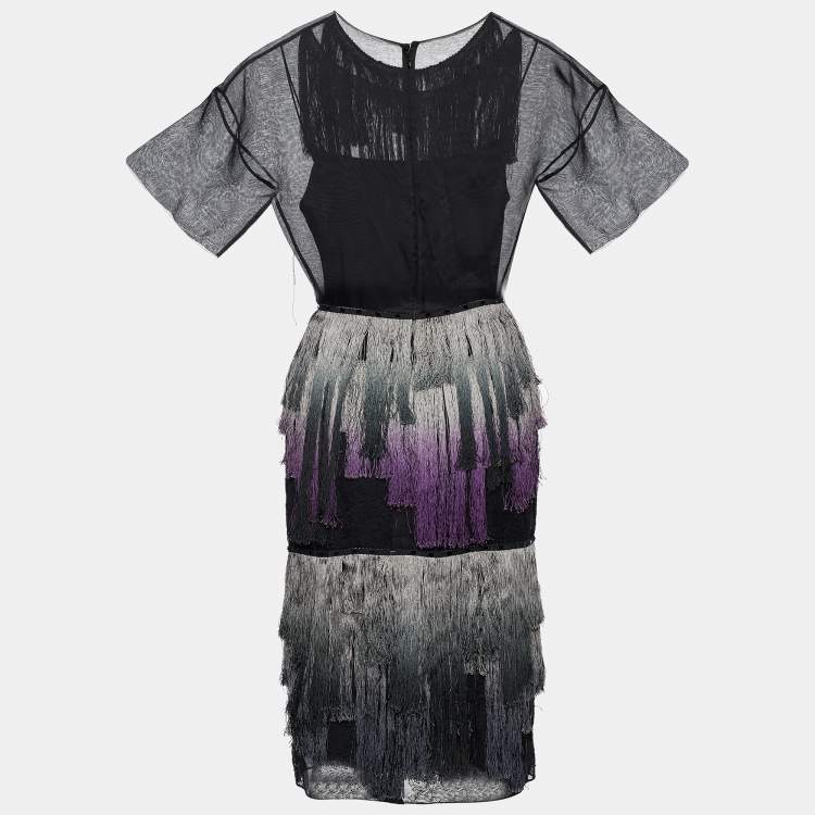 Pre Owned Dior Black Silk & Lace Ombre Fringe Tiered Midi Dress S