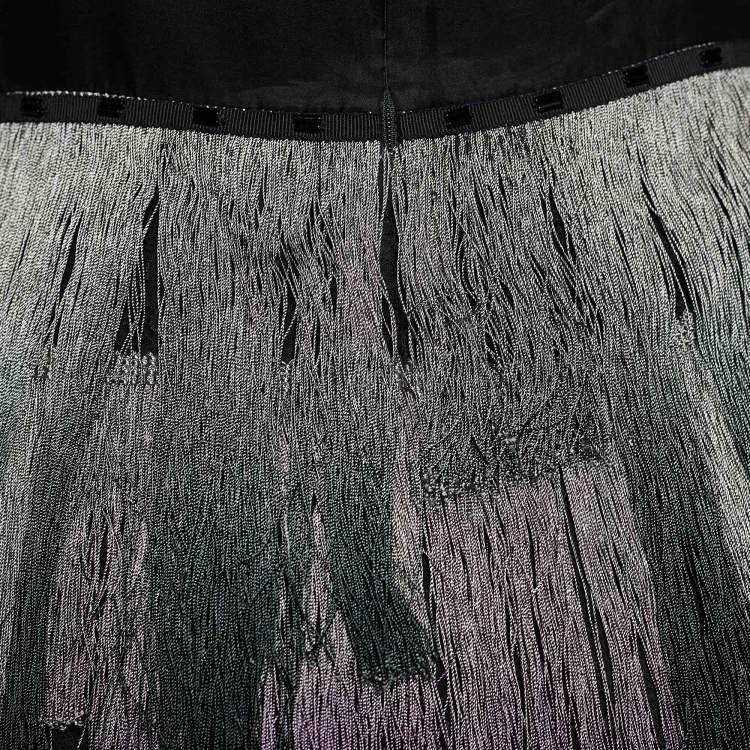 Pre Owned Dior Black Silk & Lace Ombre Fringe Tiered Midi Dress S