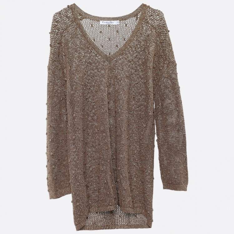Pre Owned Dior Gold Lurex Knit Long Sleeve Jumper L 