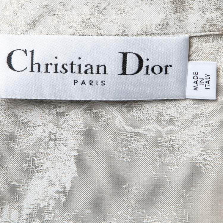 Pre Owned Christian Dior Light Grey & Gold Floral Jacquard Silk Pajama Shirt M