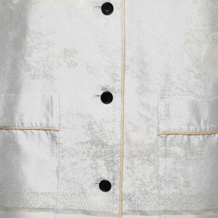 Pre Owned Christian Dior Light Grey & Gold Floral Jacquard Silk Pajama Shirt M