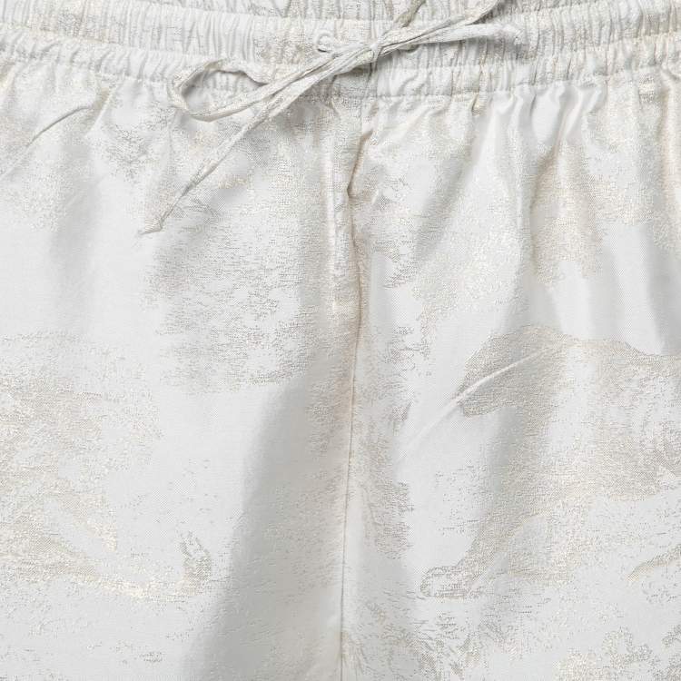 Pre Owned Dior Light Grey & Gold Floral Jacquard Silk Shorts L