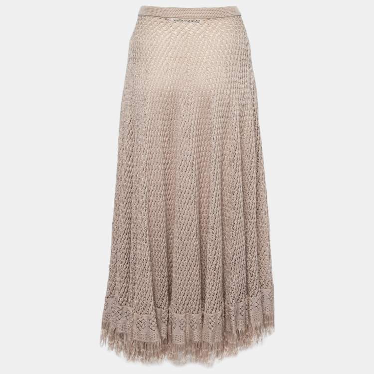 مملوكة مسبقًا Dior Beige Patterned Open Knit Linen Fringed Skirt S