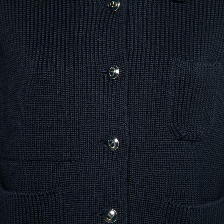 مملوكة مسبقًا Christian Dior Navy Blue Wool Knit Collared Cardigan M
